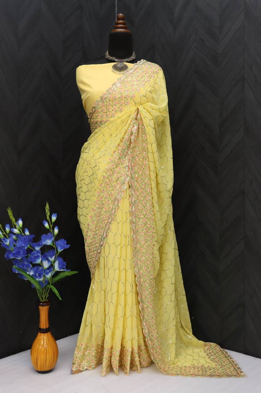 Luxuriant Haldi Wear Yellow Color Georgette Saree