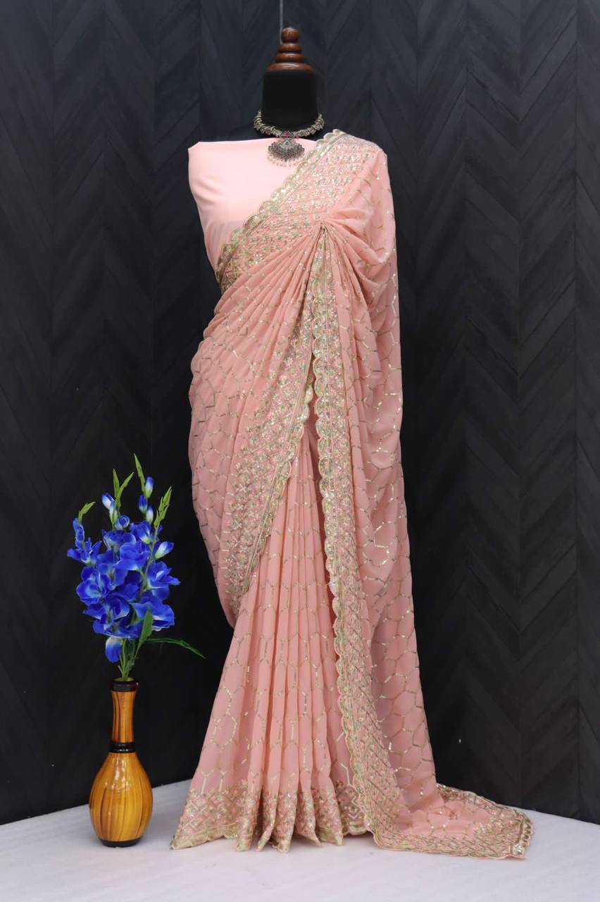 Luxuriant Peach Color Georgette Saree