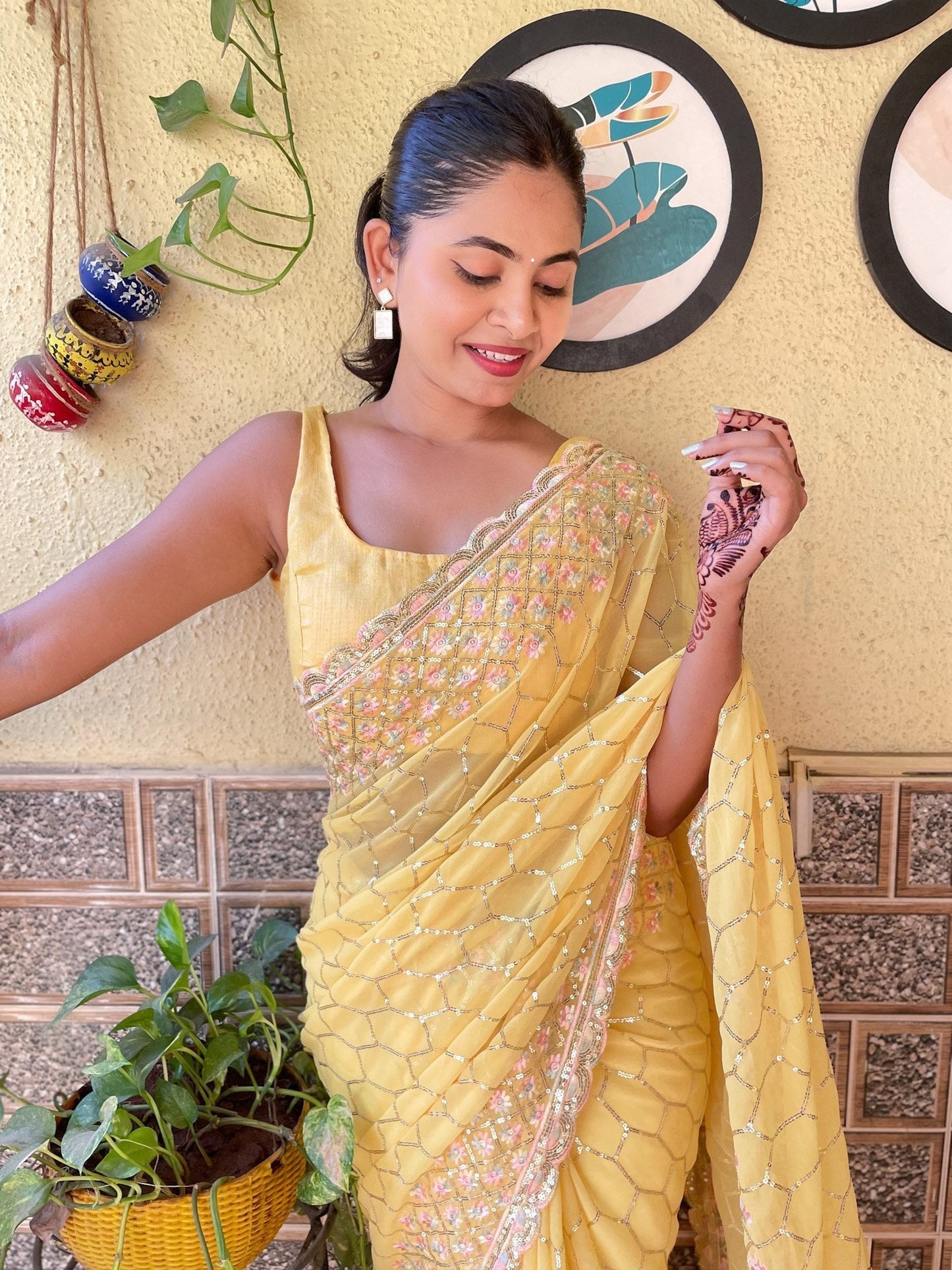 Luxuriant Haldi Wear Yellow Color Georgette Saree