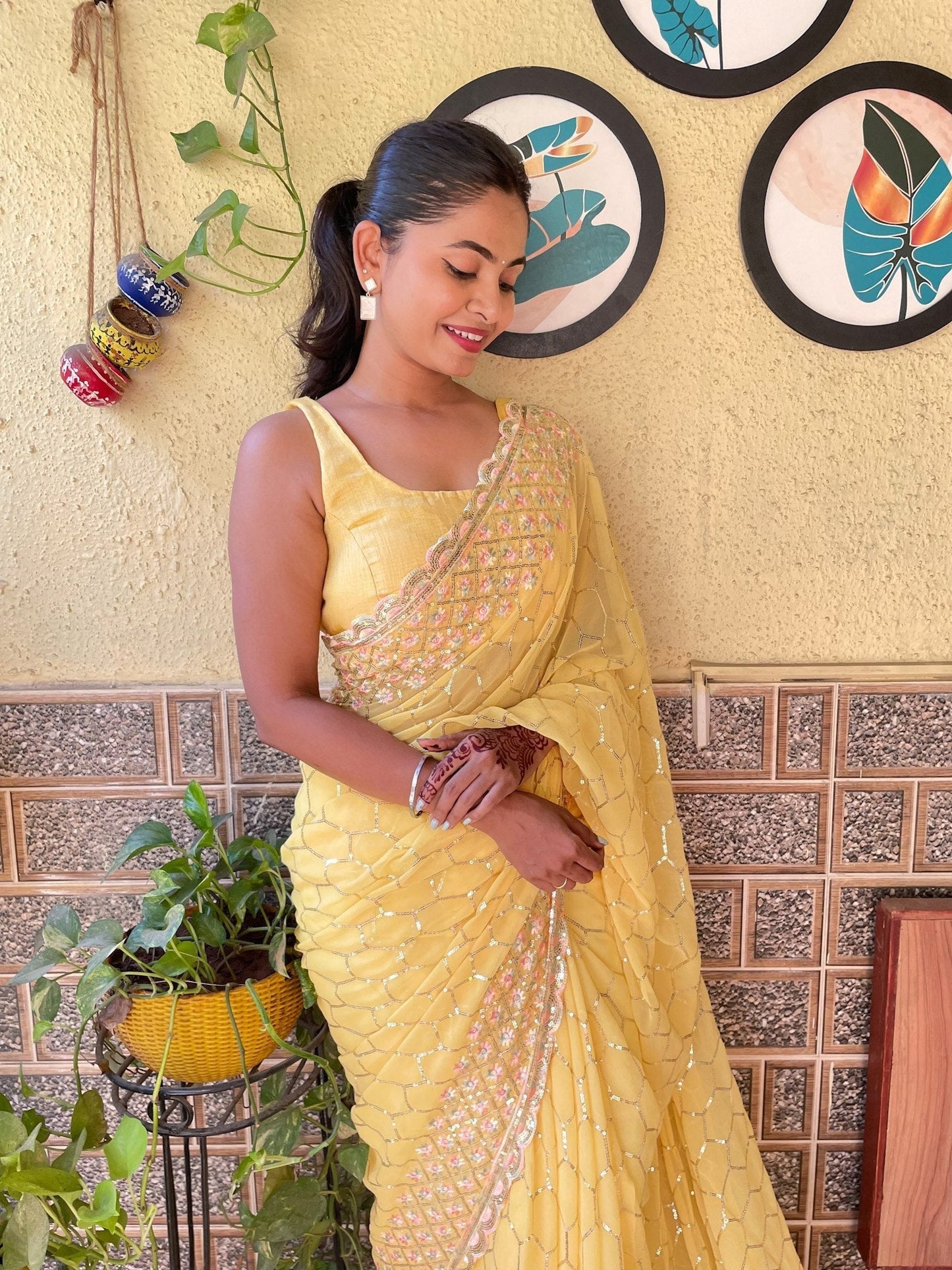 Luxuriant Haldi Wear Yellow Color Georgette Saree