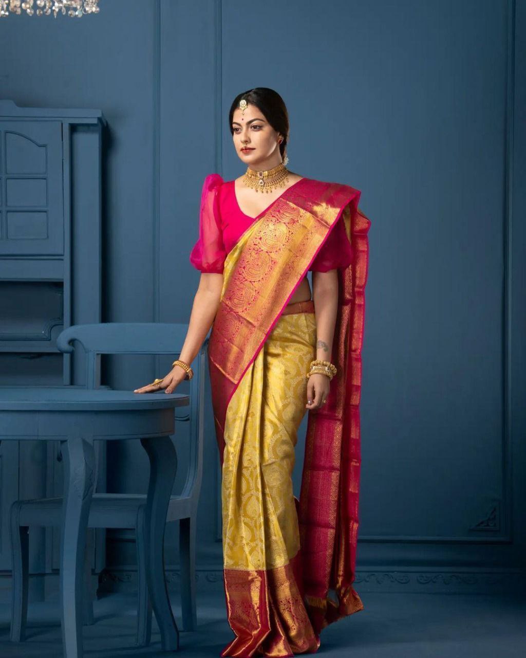 Decent Jaquard Yellow Color Silk Saree