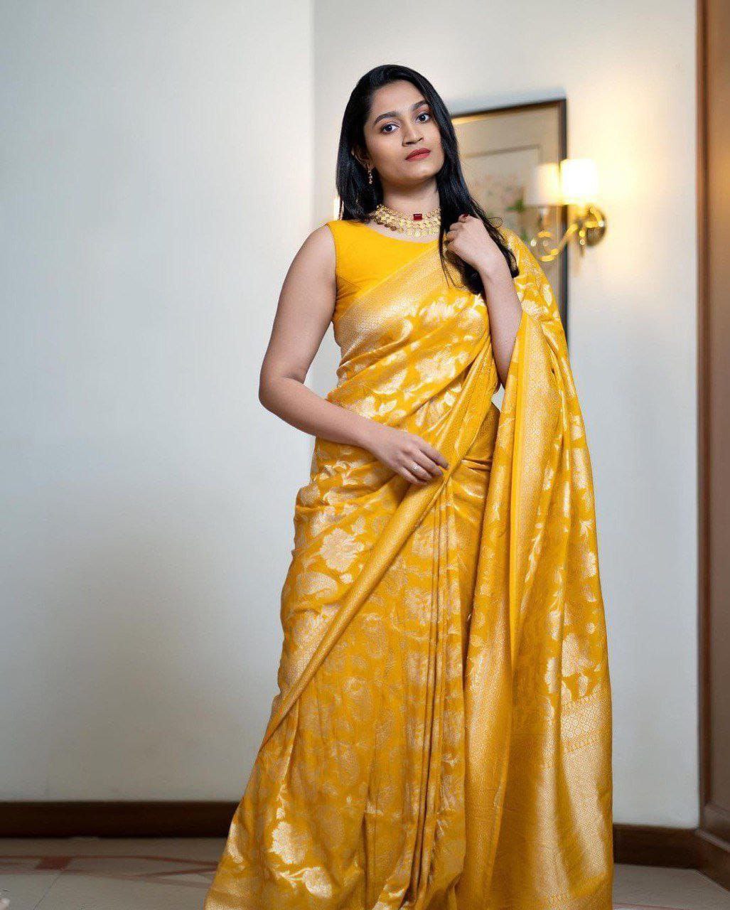 Delightful Jaquard Yellow Color Silk Saree