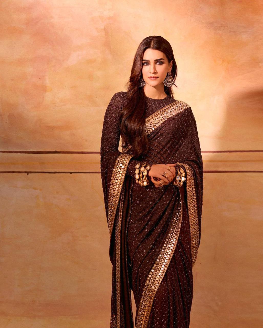 Kriti Sanon Georgotte Wine Color Saree