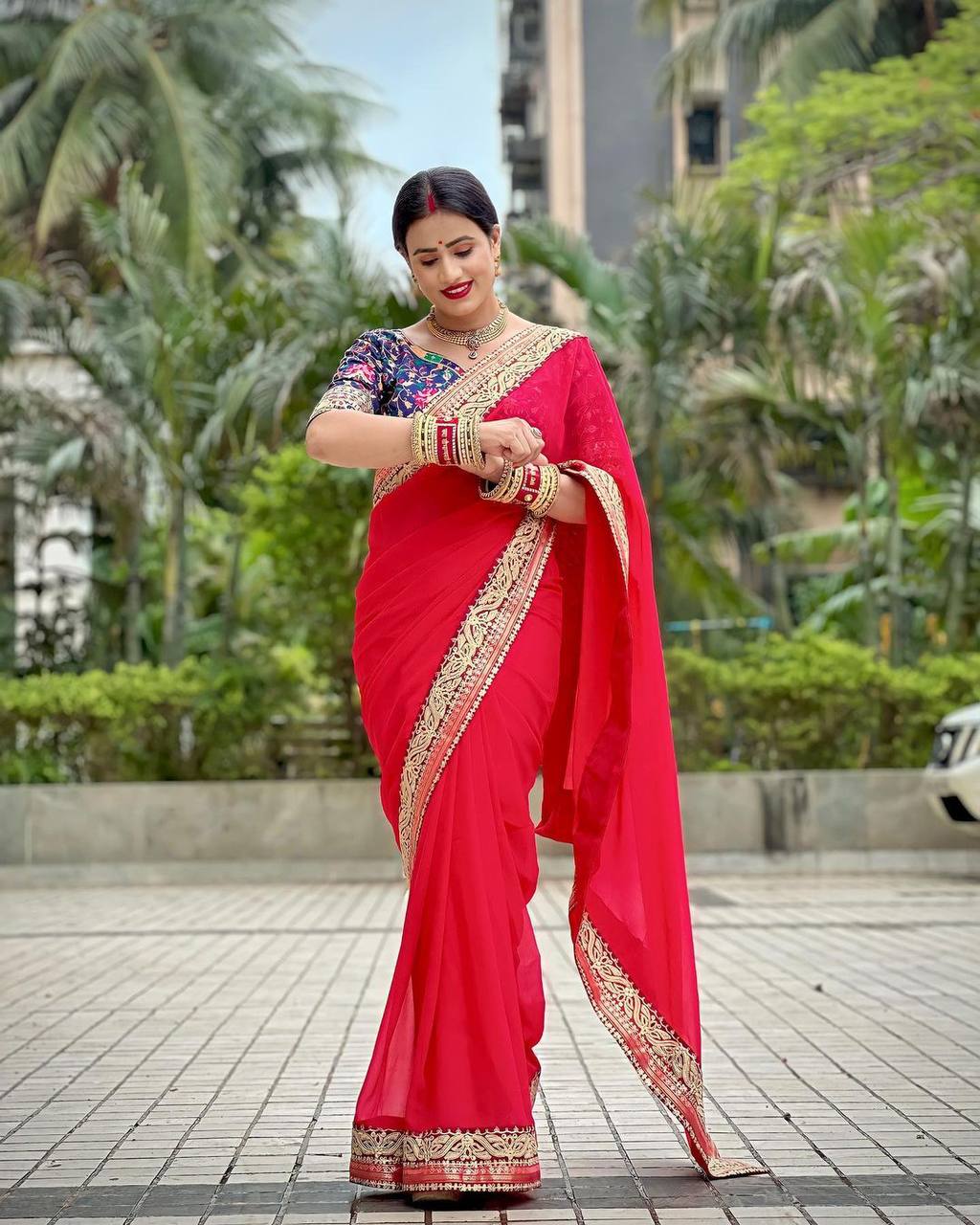 Fantastic Georgotte Red Color Saree