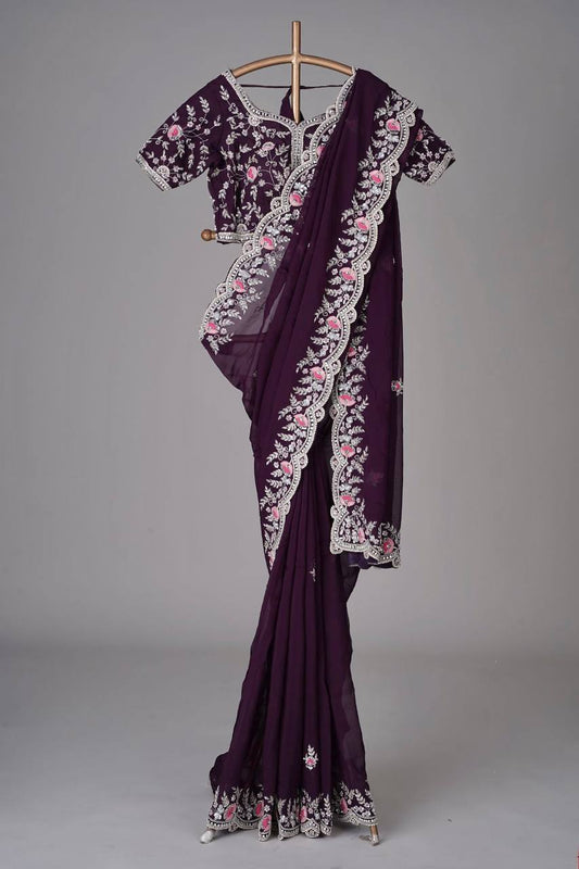 Precious Georgotte Wine Color Saree