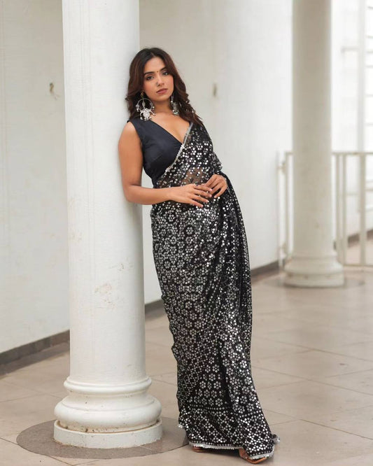 Adorable Heavy Georgotte Black Color Saree