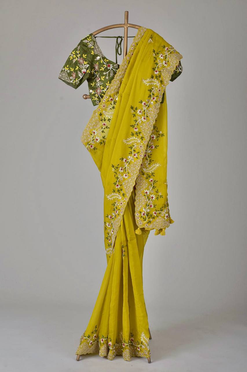 Adorable Heavy Chinon Haldi Wear Yellow Color Saree