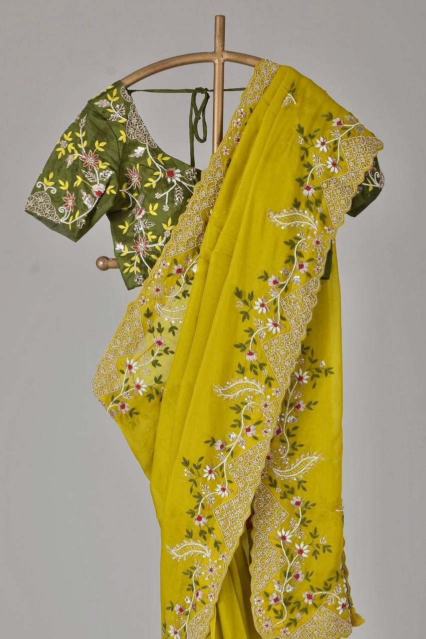 Adorable Heavy Chinon Haldi Wear Yellow Color Saree