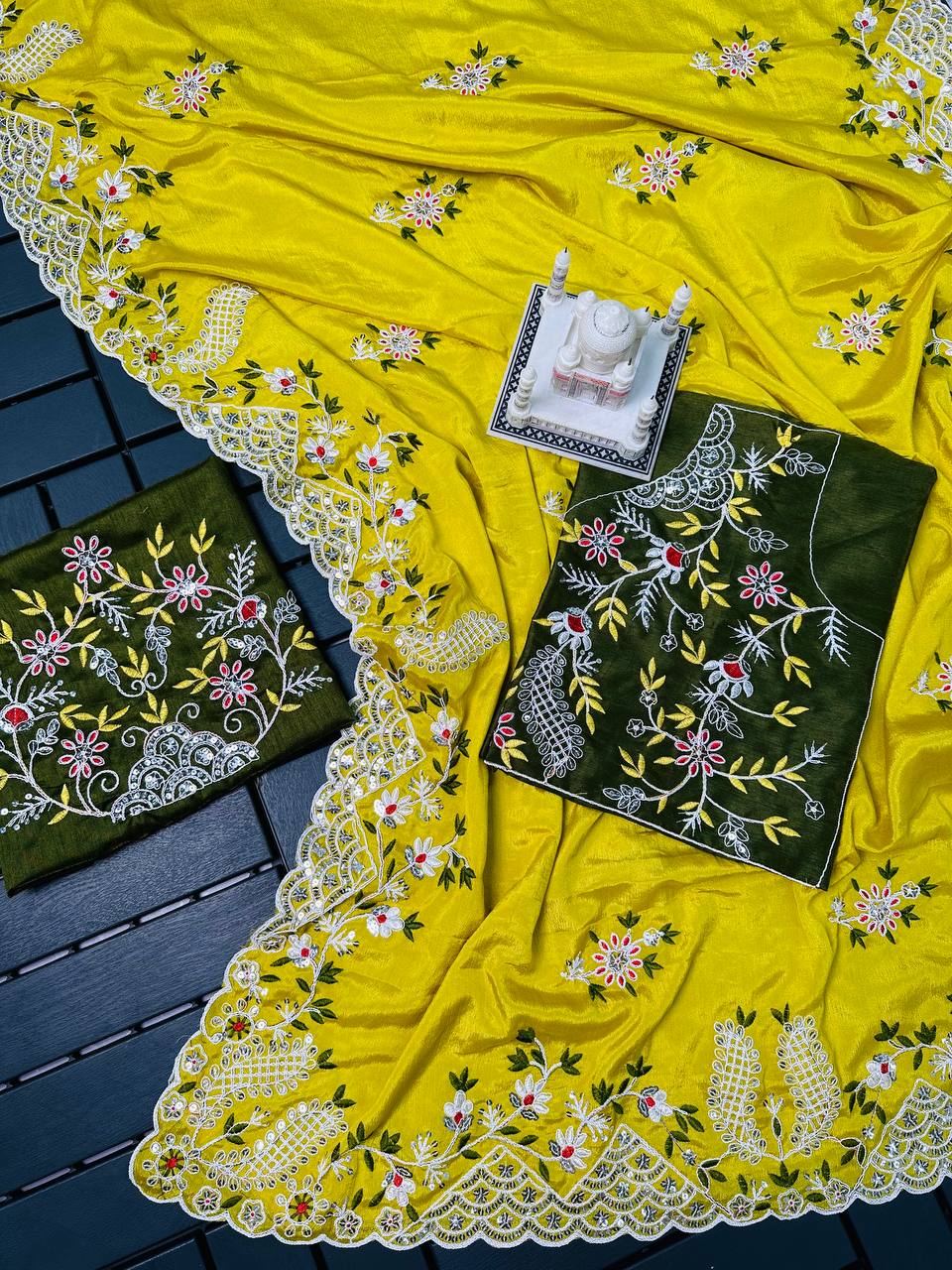 Adorable Heavy Chinon Haldi Wear Yellow Color Saree