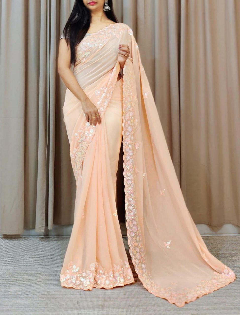 Designer Soft Georgette Peach Color Saree