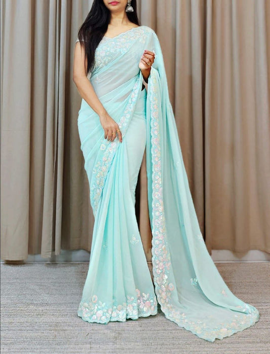 Designer Soft Georgette Sky Blue Color Saree