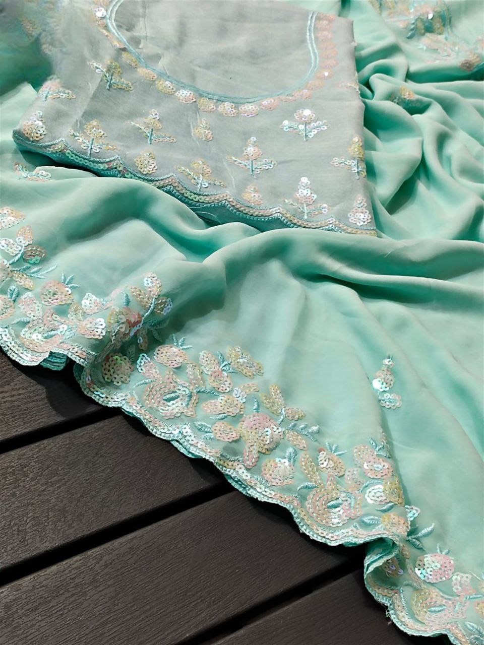 Designer Soft Georgette Sky Blue Color Saree