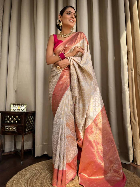 Glorious Jacquard Silk Beige Color Saree