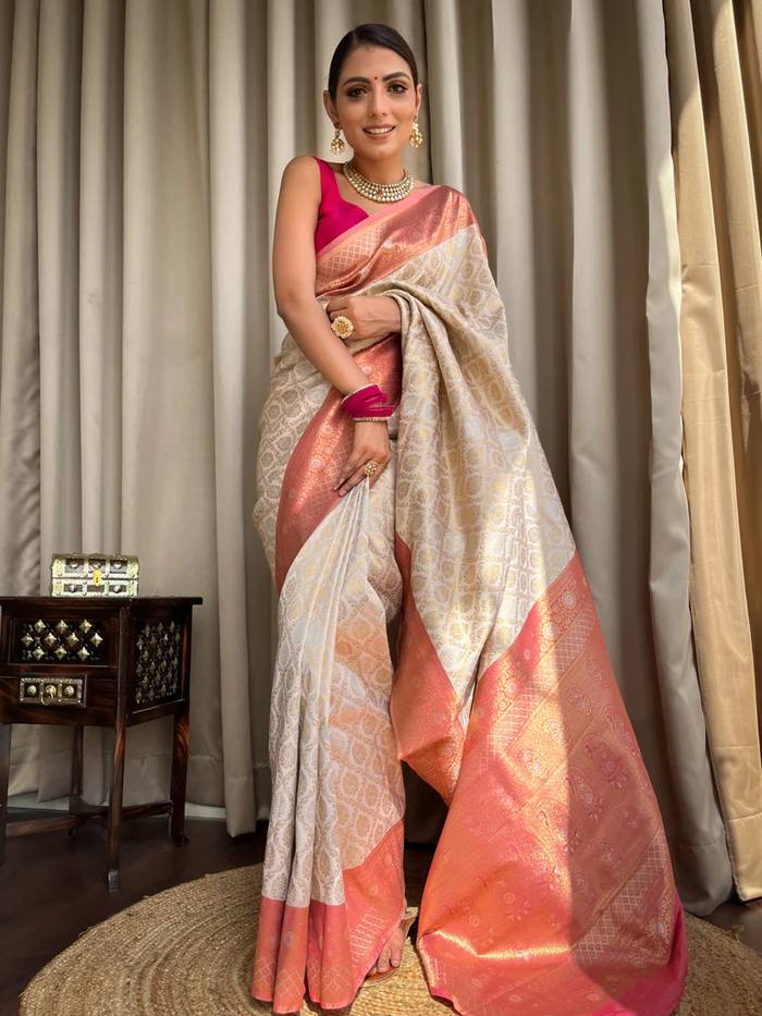 Glorious Jacquard Silk Beige Color Saree