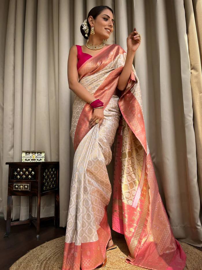 Glorious Jacquard Silk Beige Color Saree