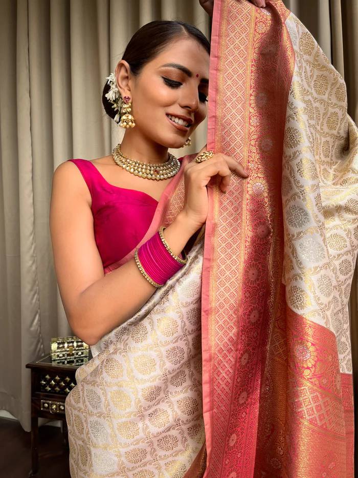 Glorious Jacquard Silk Beige Color Saree