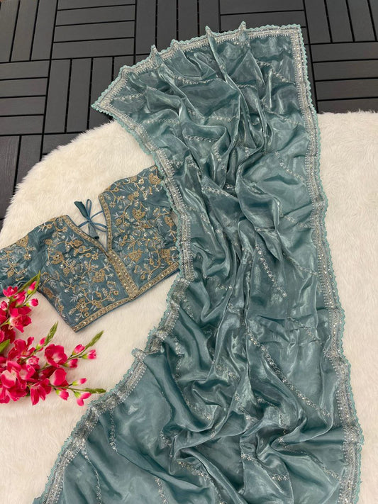 Precious Organza Sky Blue Color Saree