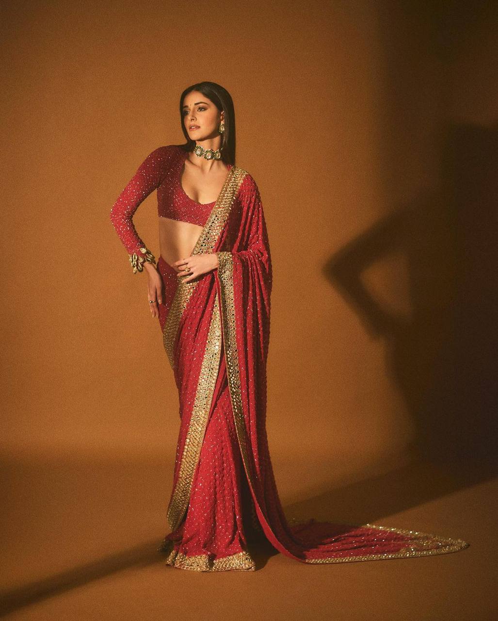 A Ananya panday Heavy Georgotte Red Color Saree