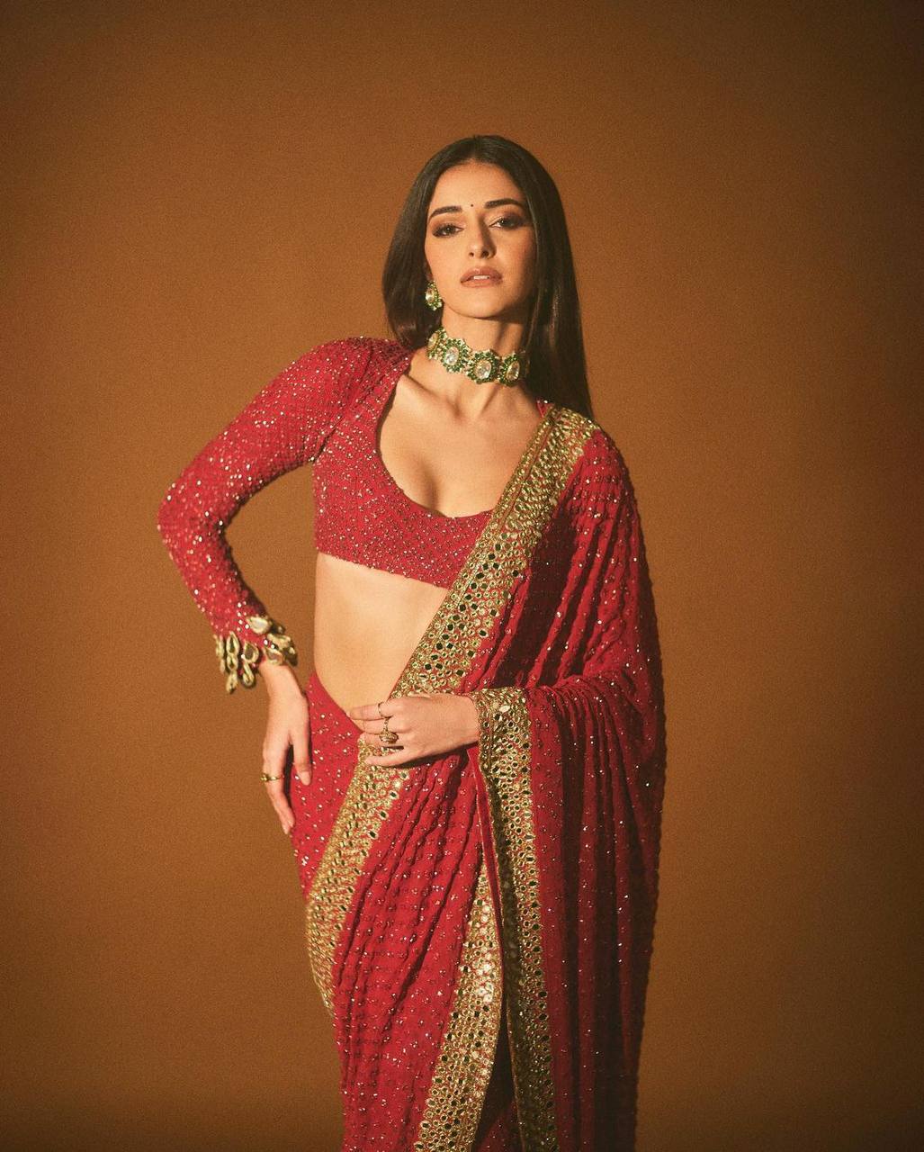 A Ananya panday Heavy Georgotte Red Color Saree