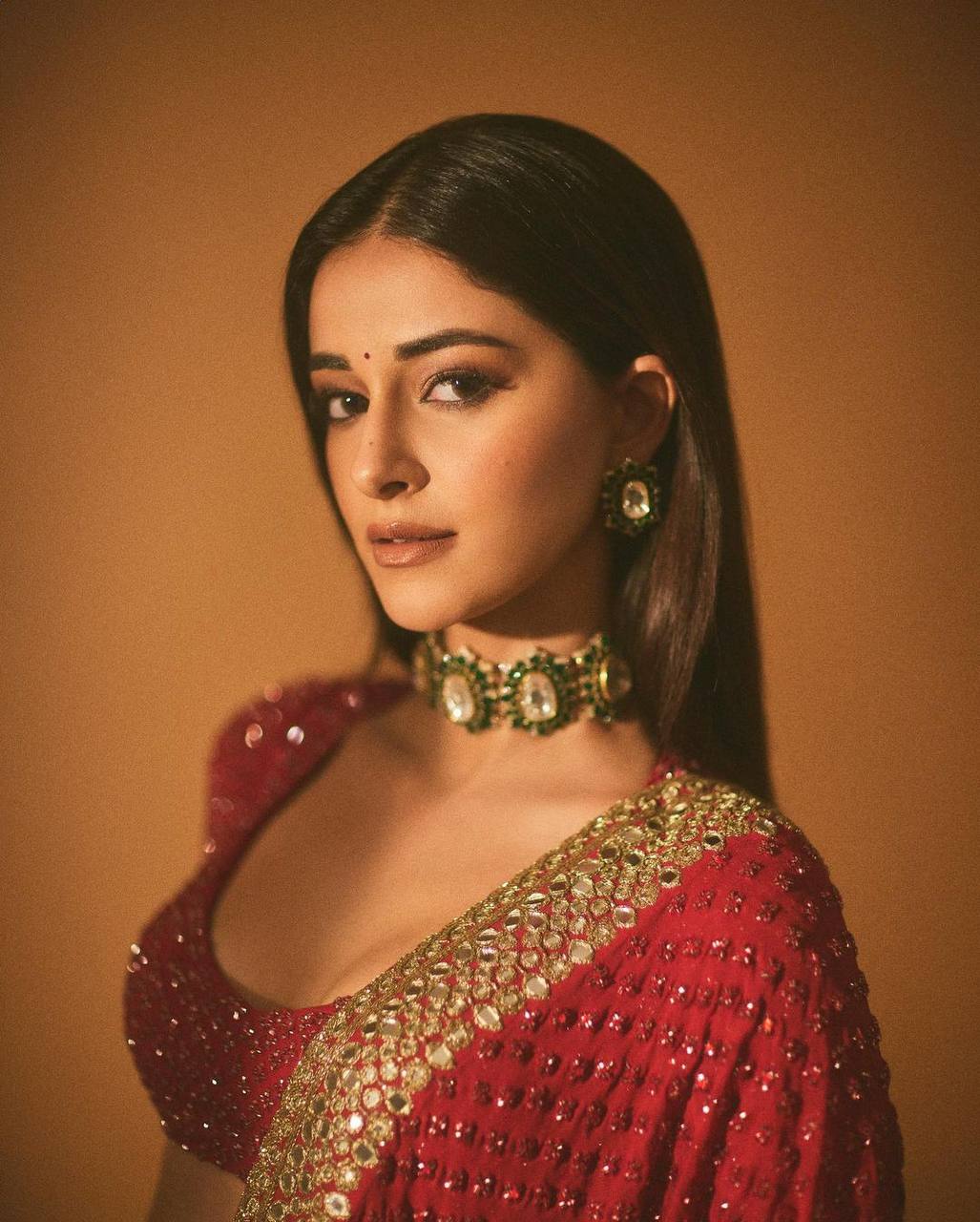 A Ananya panday Heavy Georgotte Red Color Saree