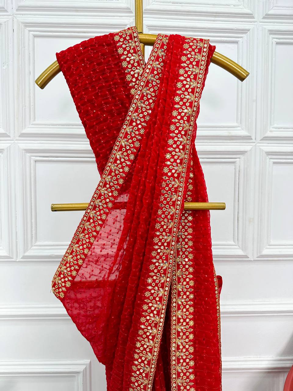 A Ananya panday Heavy Georgotte Red Color Saree