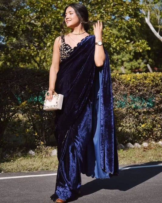 Glorious Pure Velvet Blue Color Saree