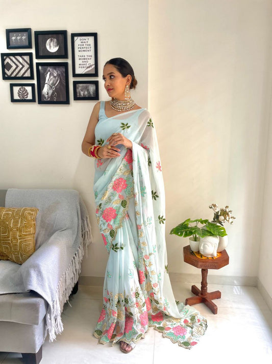 Stylish Soft Georgette Sky Blue Color Saree