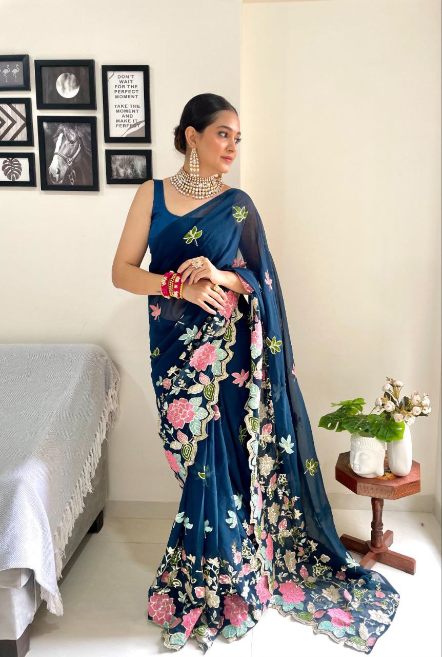 Stylish Soft Georgette Silk Navy Blue Color Saree