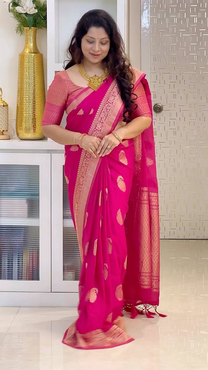 Trendy Pink Color Jacquard Silk Saree