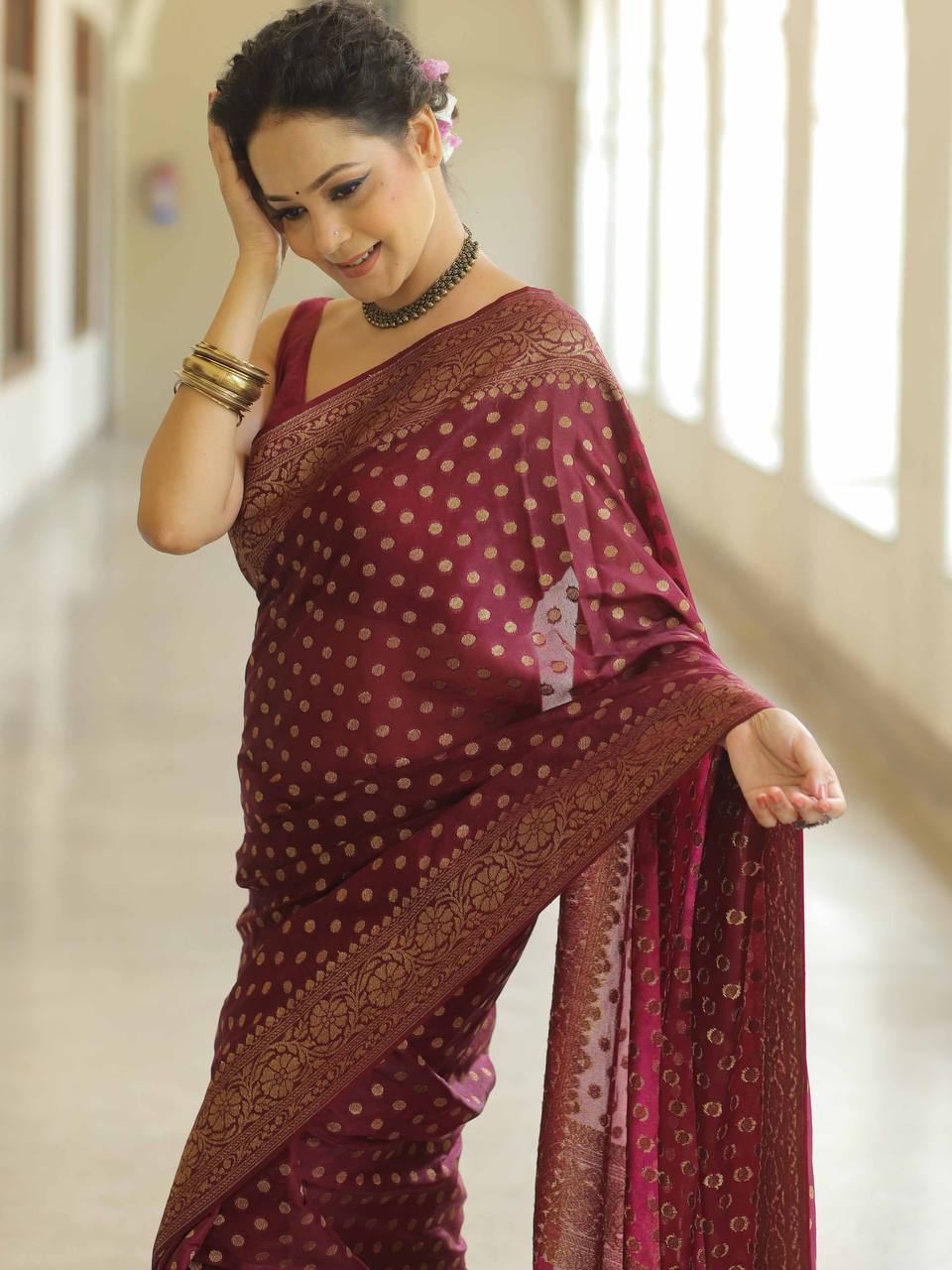 Trendy Jacquard Silk Maroon Color Saree