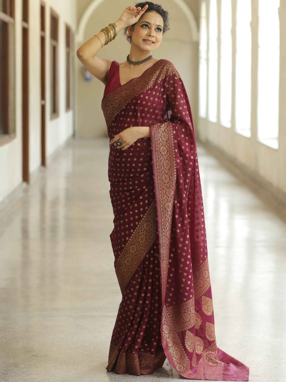 Trendy Jacquard Silk Maroon Color Saree