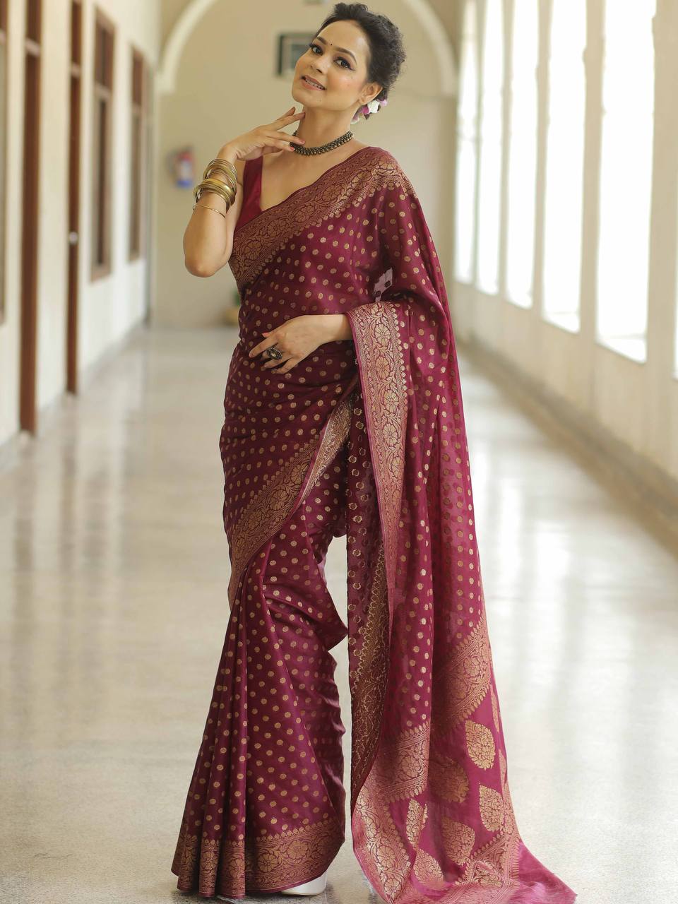 Trendy Jacquard Silk Maroon Color Saree