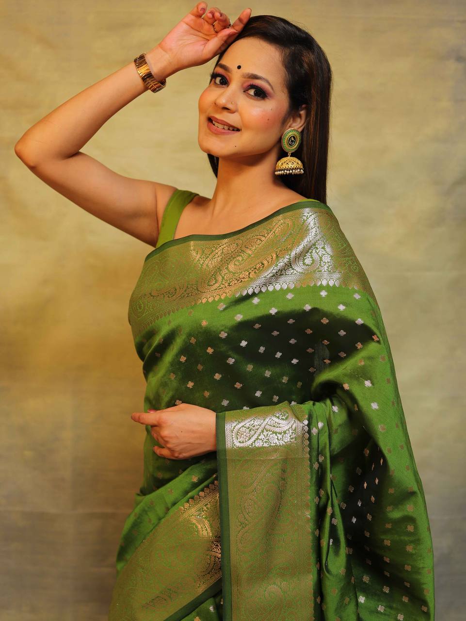 Delightful Banarasi Mehndi Wear Green Color Silk Saree