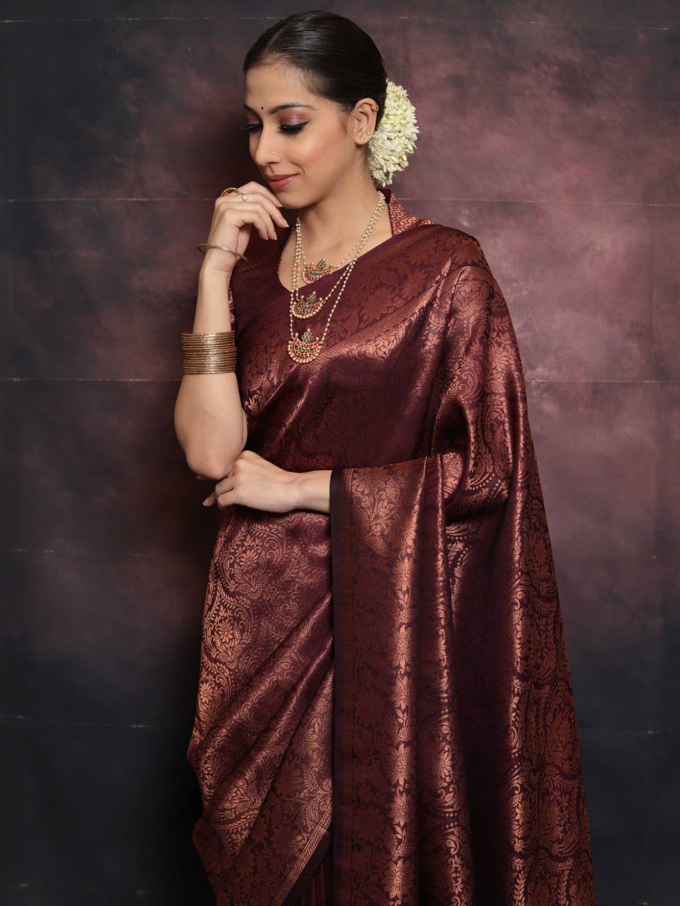 Luxuriant Brown Color Jaquard Silk Saree