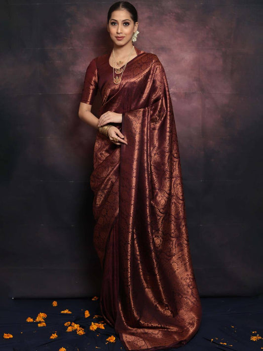 Luxuriant Brown Color Jaquard Silk Saree