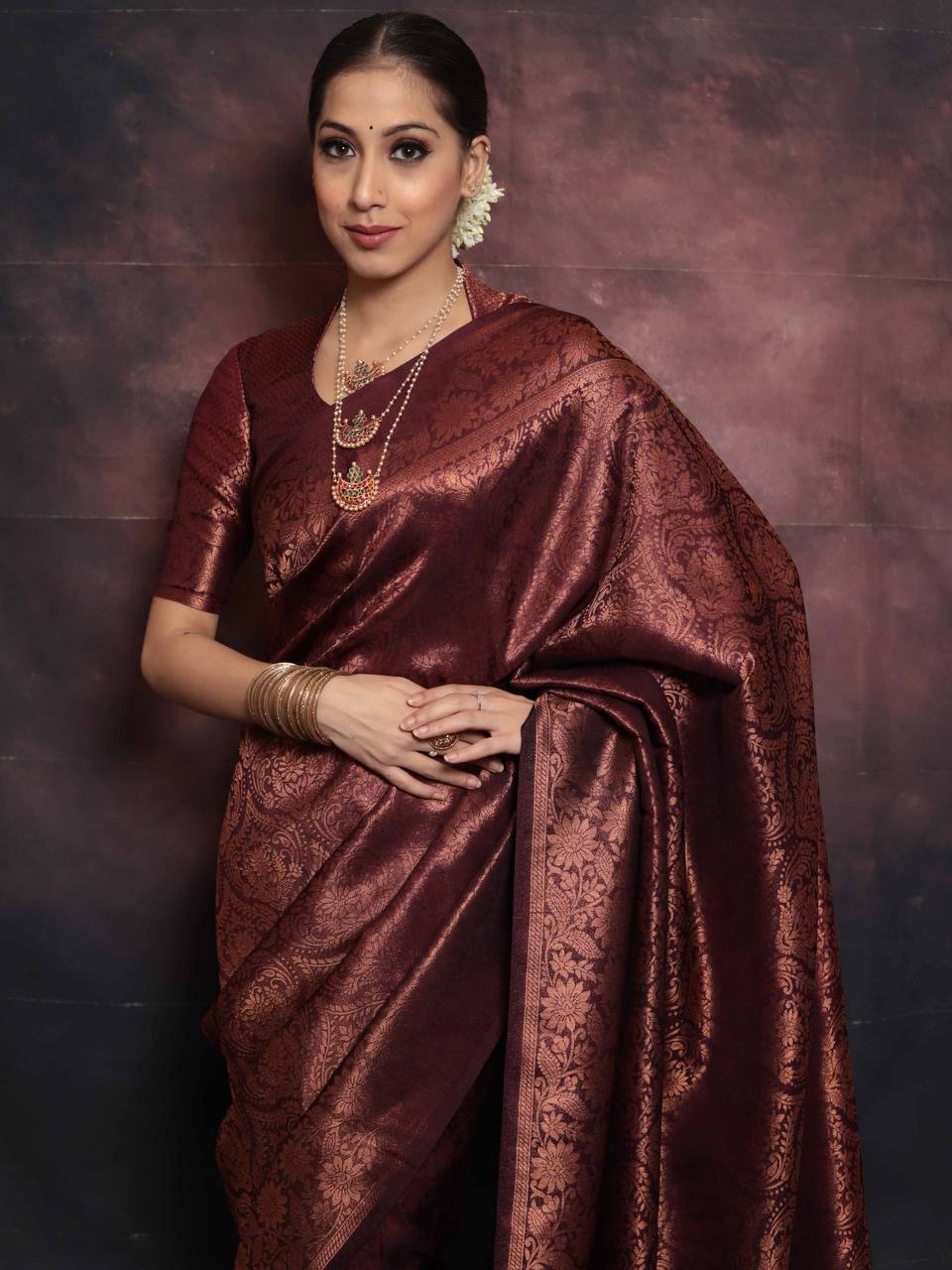 Luxuriant Brown Color Jaquard Silk Saree