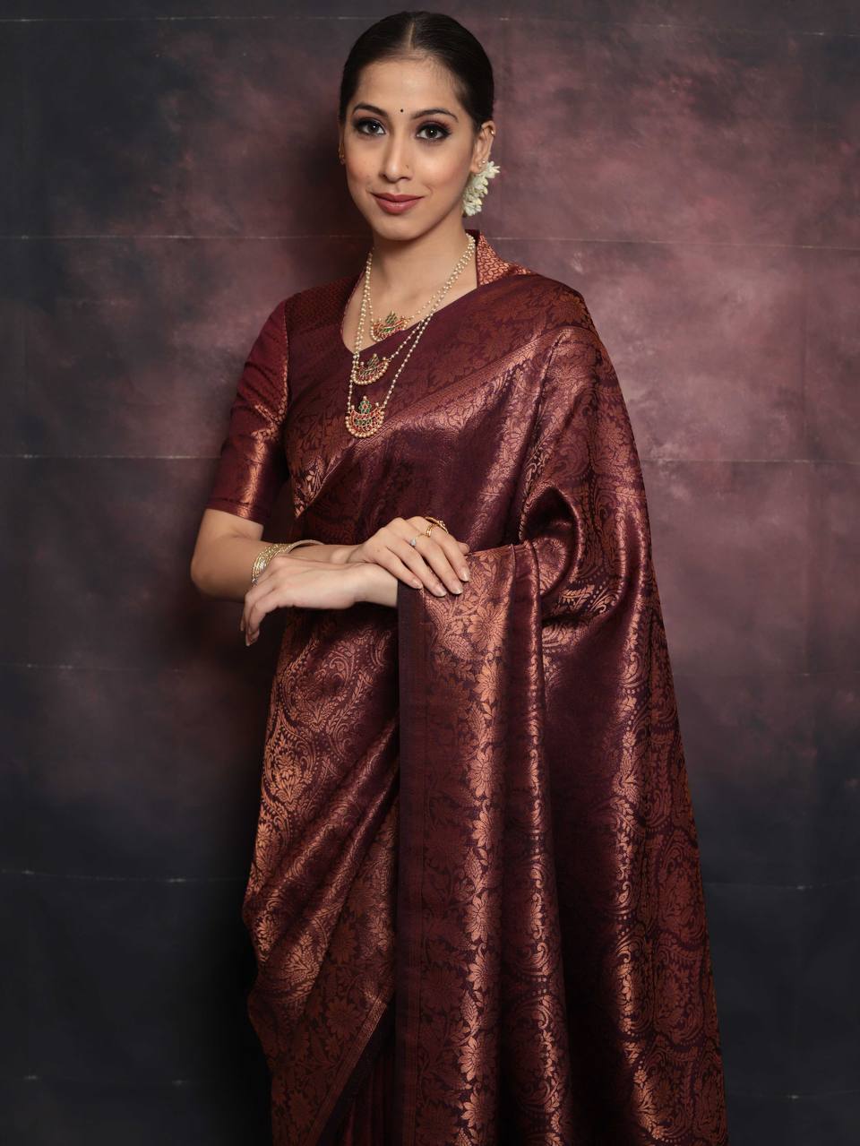 Luxuriant Brown Color Jaquard Silk Saree