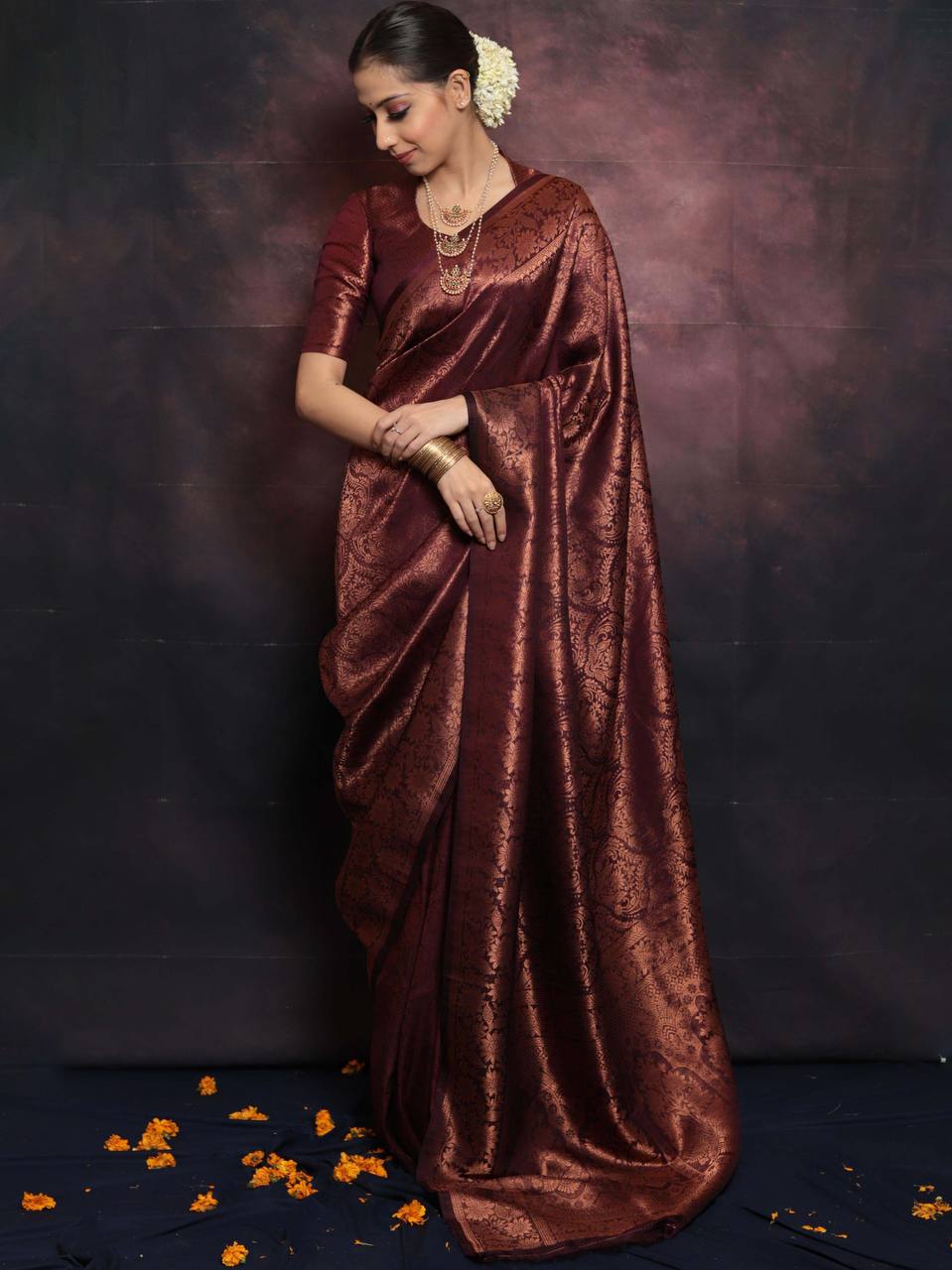 Luxuriant Brown Color Jaquard Silk Saree