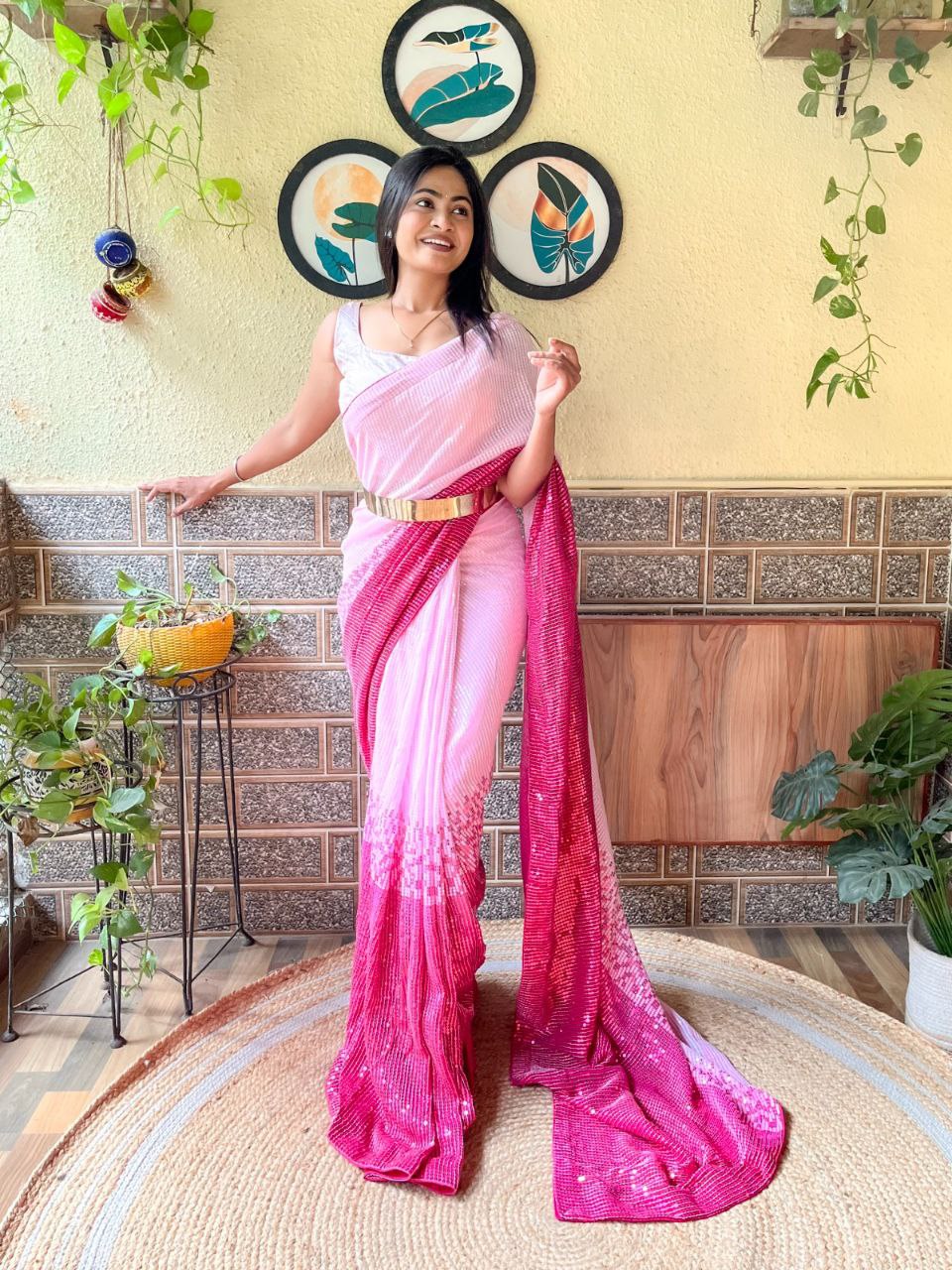 Kajol Devgon Pink Color Georgette Ready To Wear Saree