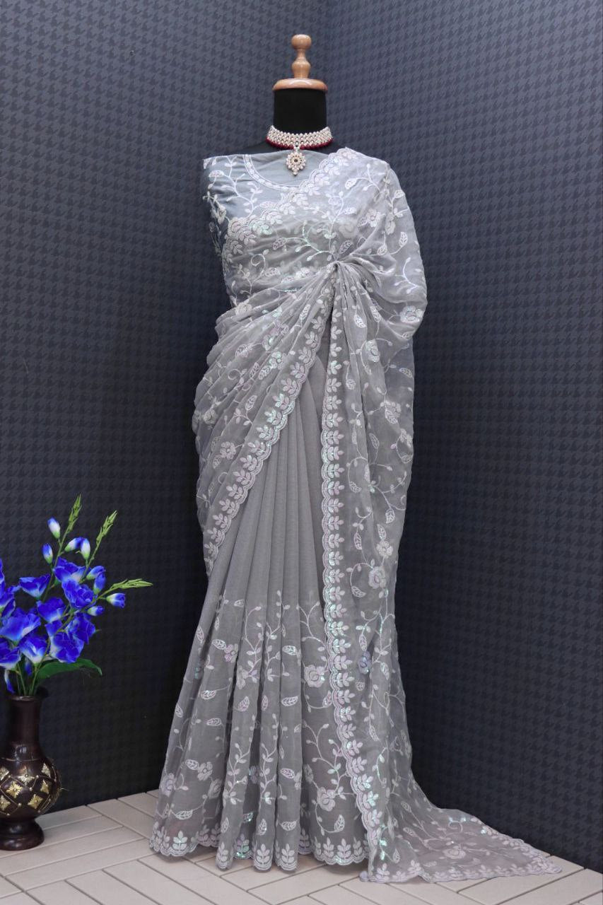 Decent Sequence Grey Color Saree