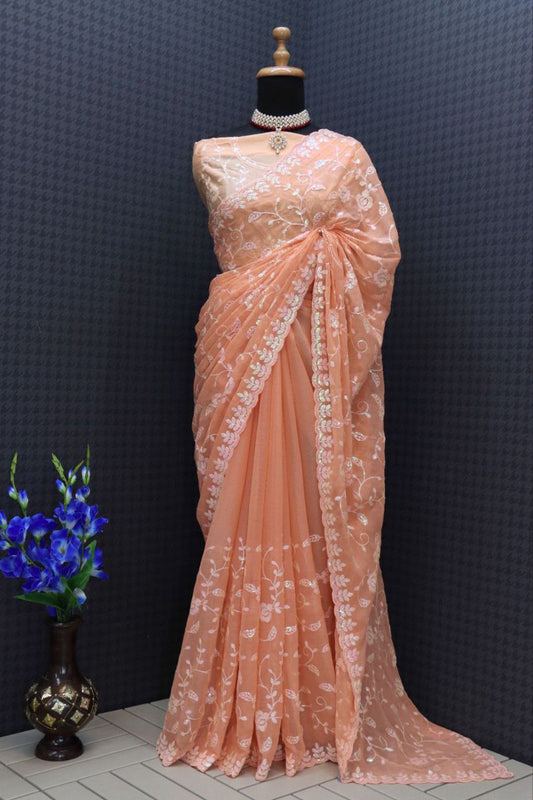 Decent Sequence Orange Color Saree