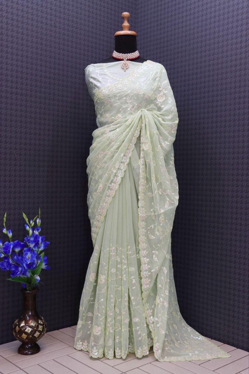 Decent Sequence Pista Color Saree