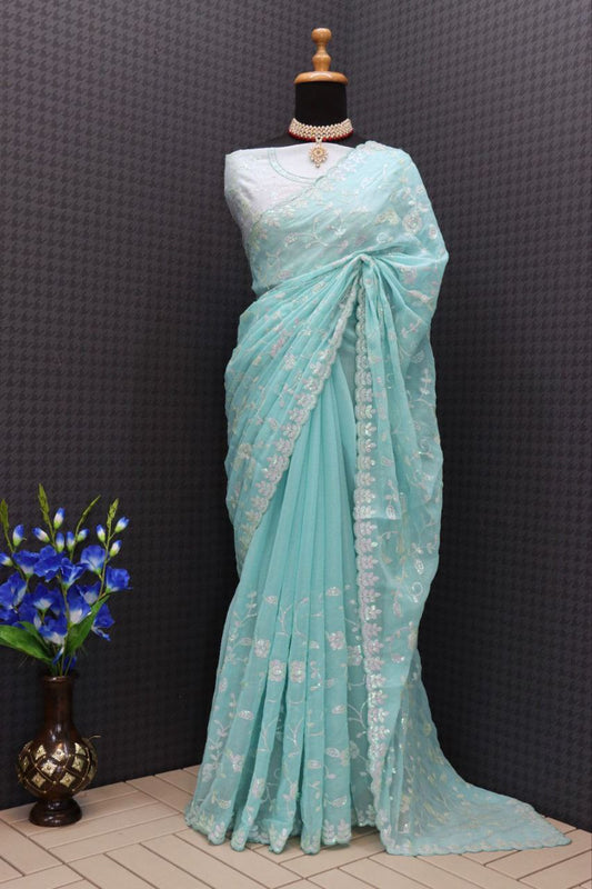 Decent Sequence Sky Blue Color Saree