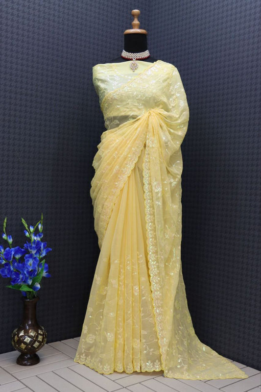 Decent Sequence Haldi Wear Yellow Color Saree