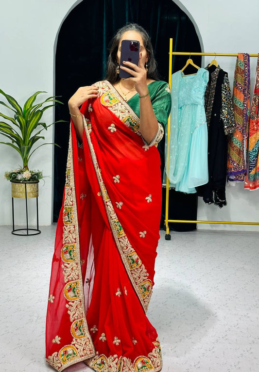 Captivating Faux Georgotte Red Color Saree