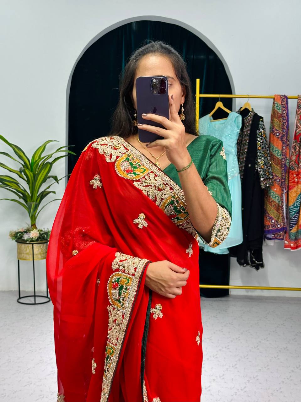 Captivating Faux Georgotte Red Color Saree