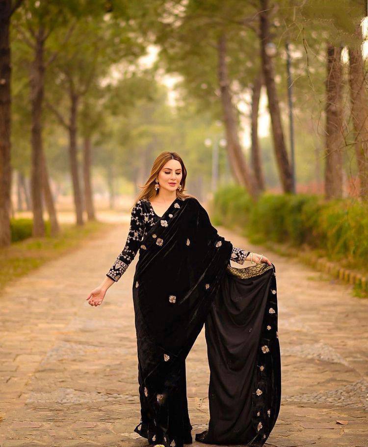 Stylish Pure Velvet Black Color Saree