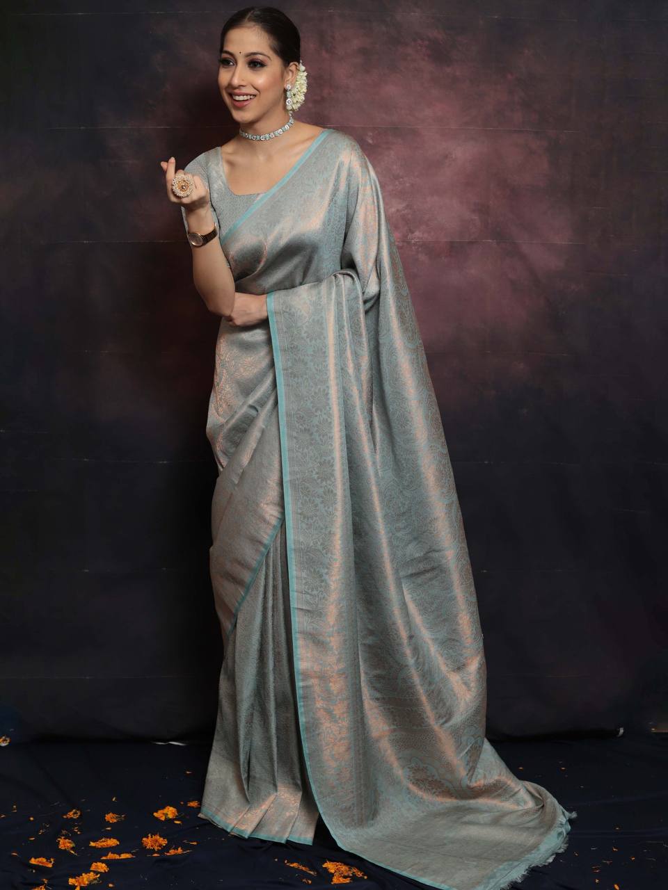 Luxuriant Sky Blue Color Jaquard Silk Saree