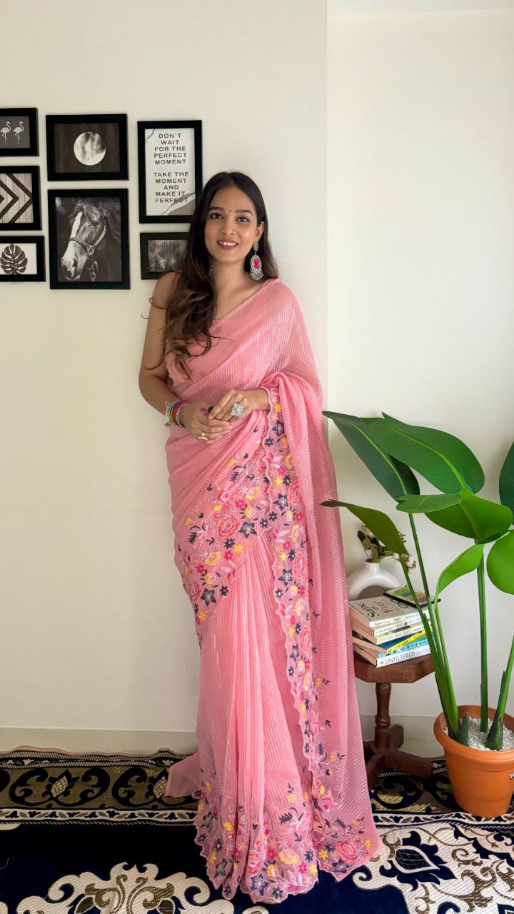 Classy Soft Shimmer Silk Pink Color Saree