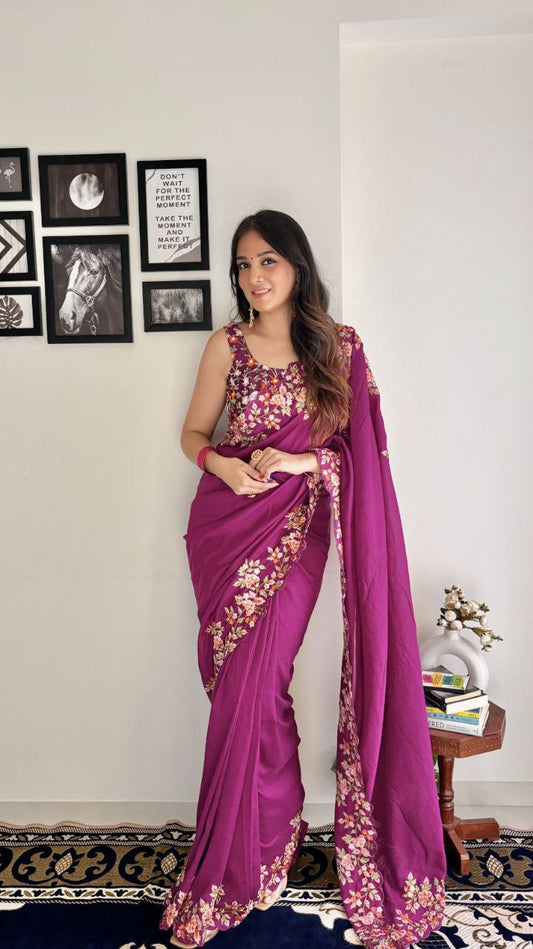 Stylish Pink Color Vichitra Silk Saree